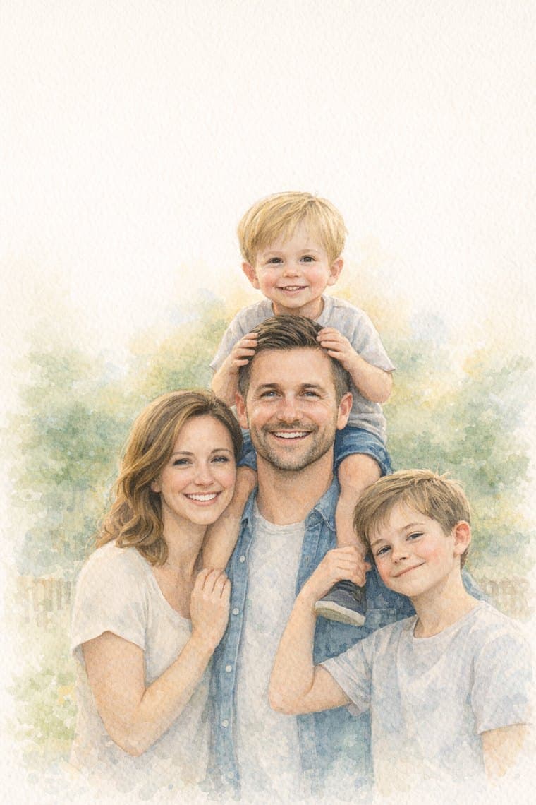 The same photo as an illustrated watercolor card