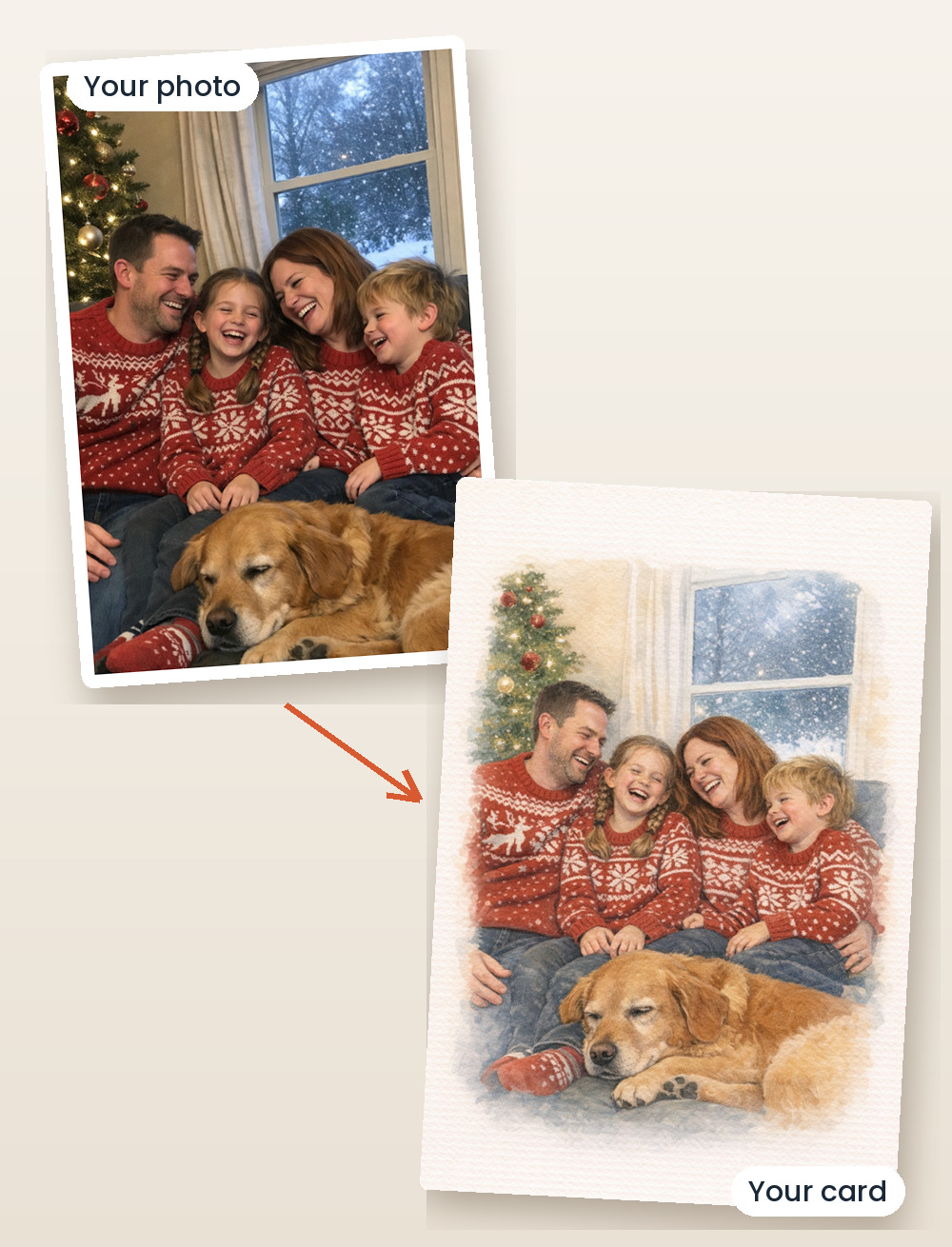 A family Christmas photo next to the illustrated card made from it